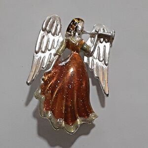 Vintage metal enamel angel brooch pin religious signed 1 1/2"